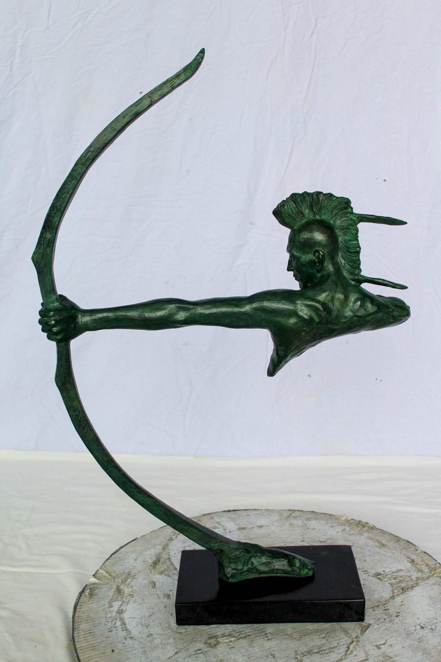 Nifao Native American Warrior with Long Bow Bronze Statue – Handcrafted Lost Wax Casting with Rich Patina – Powerful Tribal Art Sculpture Mounted on Base – Museum-Quality Detail 22" x 6" x 33"H