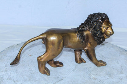 Small Bronze Lion Sculpture Walking Pose Animal Art 15" x 5" x 8"H