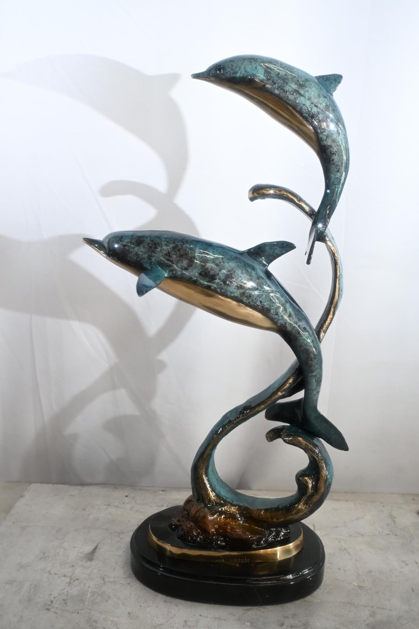 Two Dolphins Bronze Sculpture Spiral Formation 16"x11"x30"H