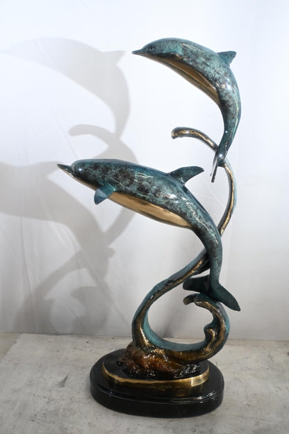 Two Dolphins Bronze Sculpture Spiral Formation 16"x11"x30"H