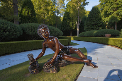 Adventurous boy with squirrel bronze statue -  Size: 36"L x 18"W x 22"H.