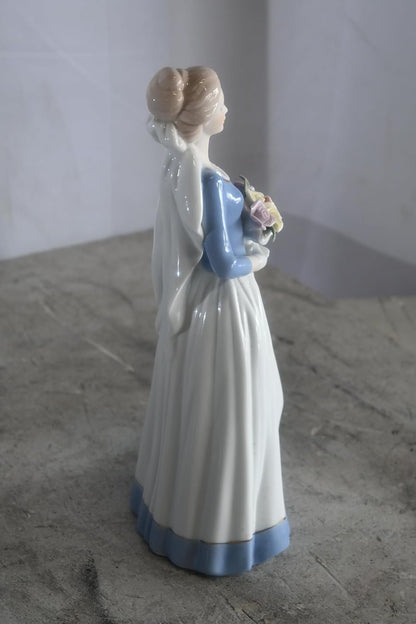 Porcelain Lady Blue Bodice White Skirt with Rose Bouquet 5"x4"x12"H