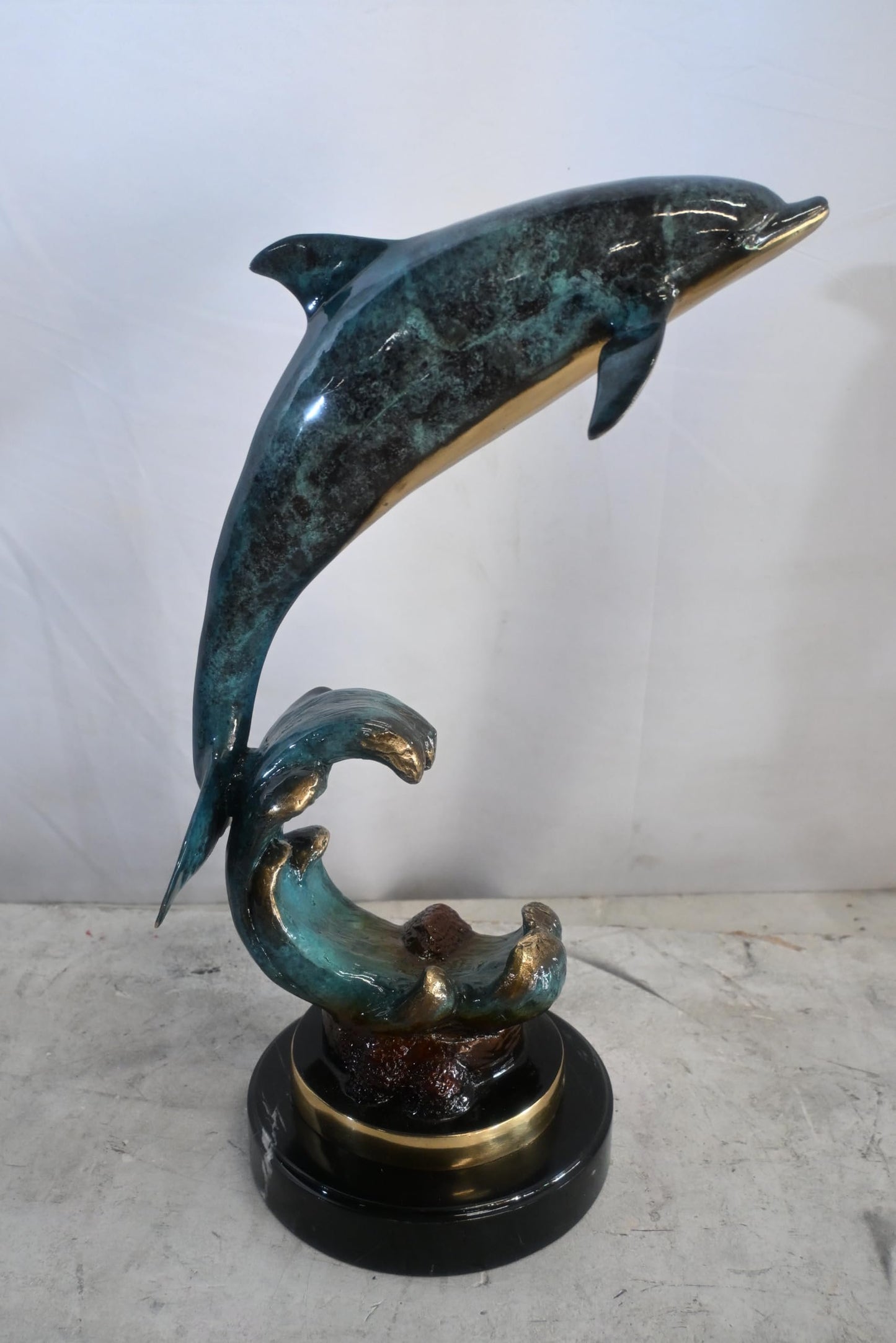 Single Dolphin Bronze Sculpture Leaping Wave Base 13"x8"x21"H