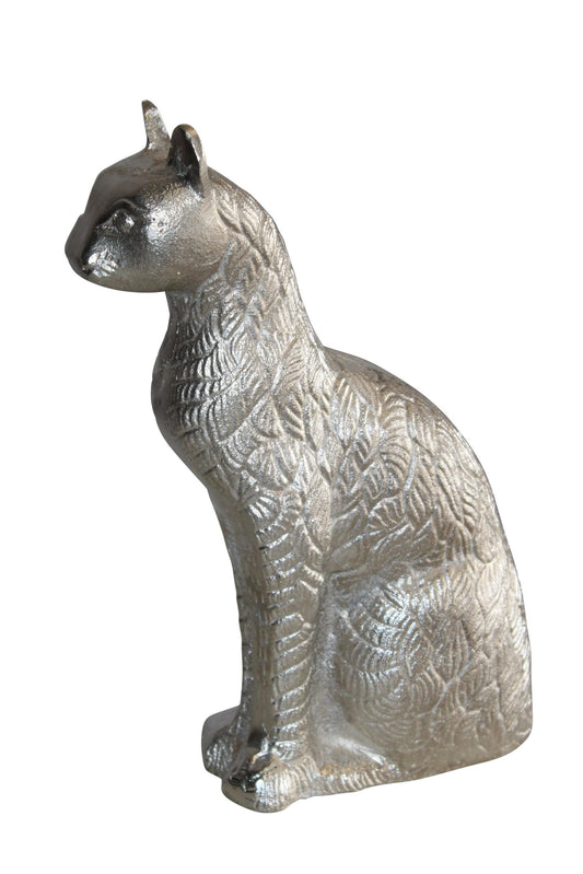 Aluminum Artistry Intricately Sitting Cat Statue in Silver 10" x 4" x 13"H