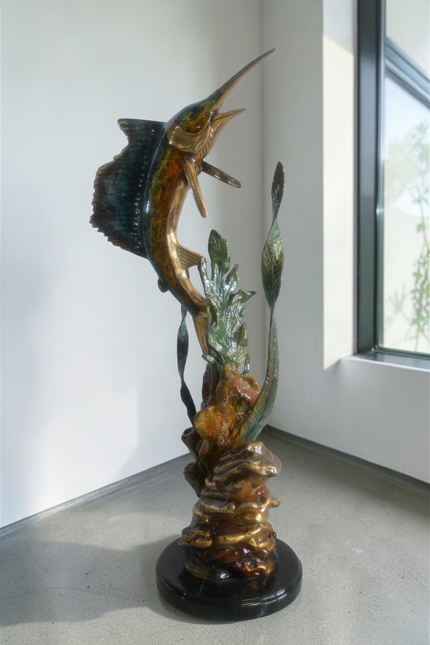 Bronze Sailfish Sculpture on Coral Seaweed Base Marble 11"x7"x24"H