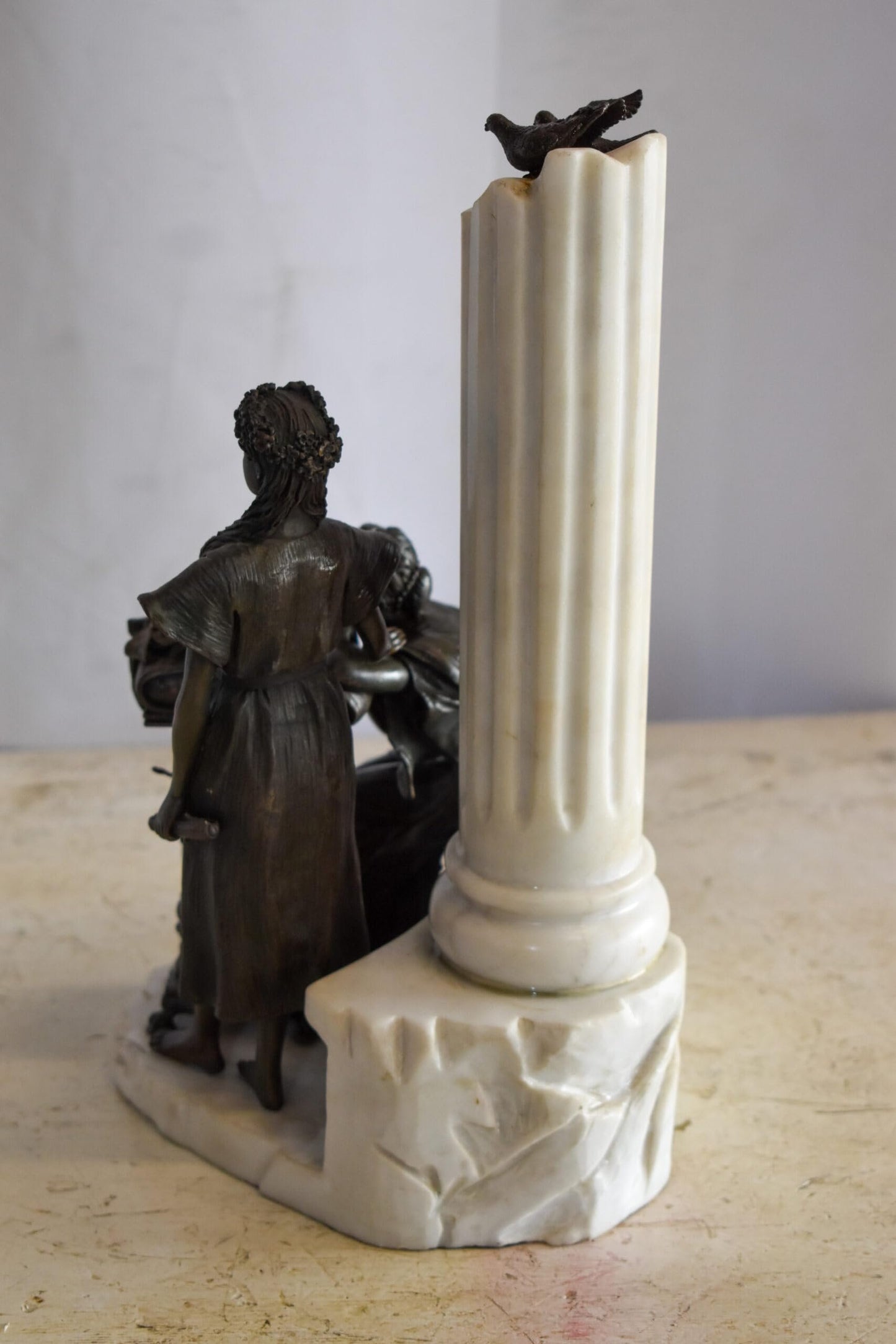 Two Pensive Goddesses by Marbe Pillar Bronze Statue  8" x 8" x 13"H