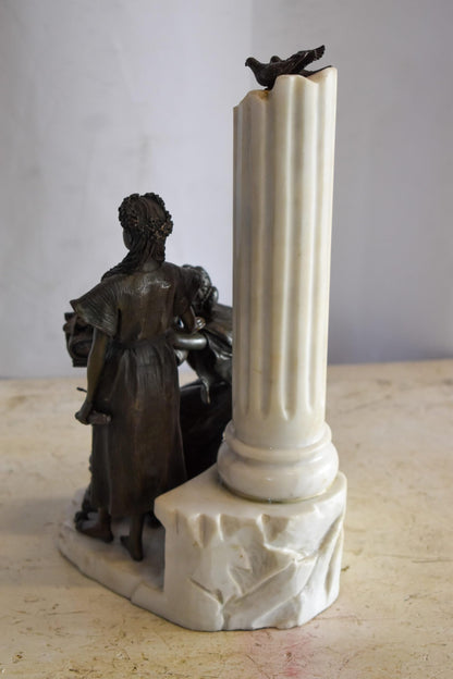 Two Pensive Goddesses by Marbe Pillar Bronze Statue  8" x 8" x 13"H