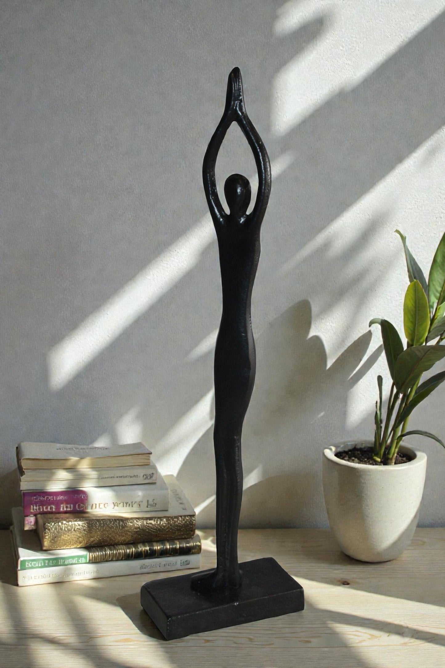 Black Aluminum Yoga Girl Statue Serenity in Tree Top Pose 6" x 3" x 20"H