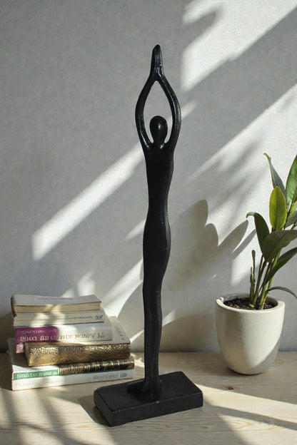 Black Aluminum Yoga Girl Statue Serenity in Tree Top Pose 6" x 3" x 20"H