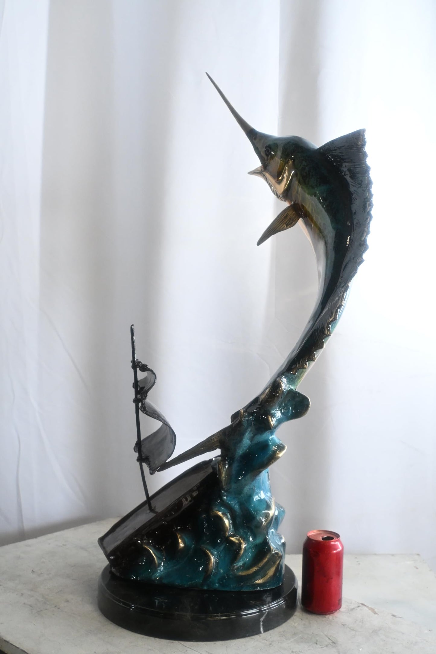 Leaping Marlin with Sailboat Bronze Sculpture 18"x18"x35"H