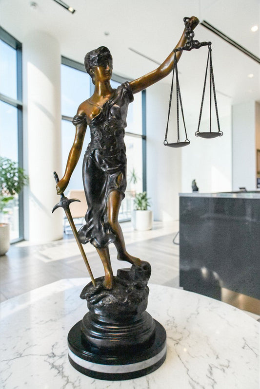 Lady Justice bronze statue mounted on a marble - Size: 14"L x 16"W x 32"H.