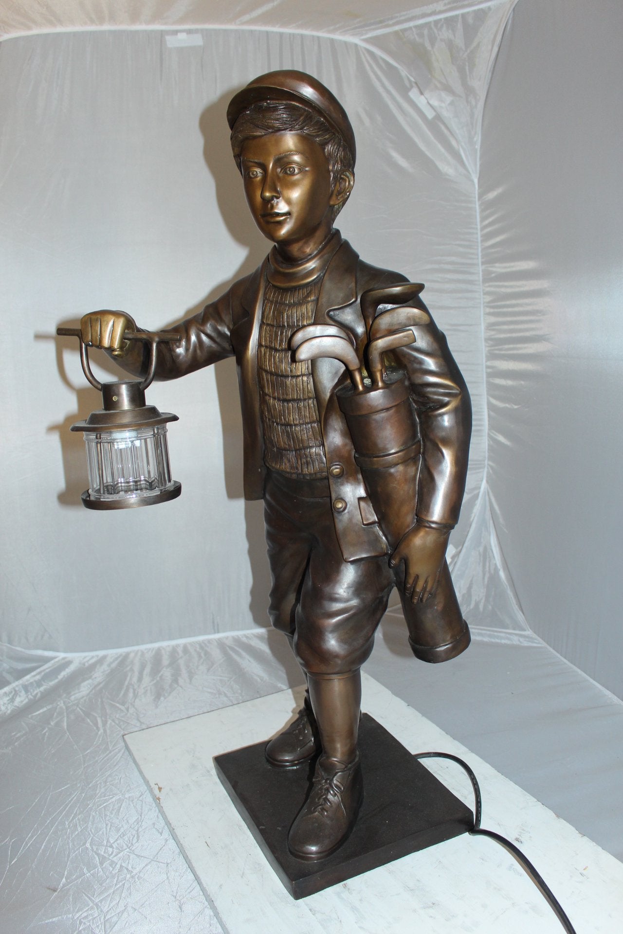 NIFAO Bronze Golf Caddy Statue with Light Lantern - 42" H Garden Sculpture