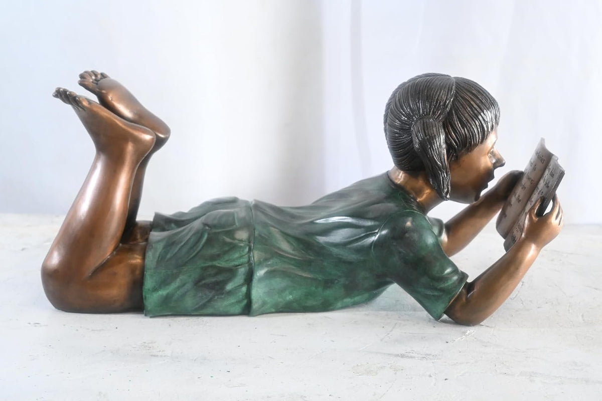 Bronze Girl Reading Fairy Tale Book Lying Down Sculpture 24"x10"x11"H