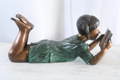 Bronze Girl Reading Fairy Tale Book Lying Down Sculpture 24"x10"x11"H