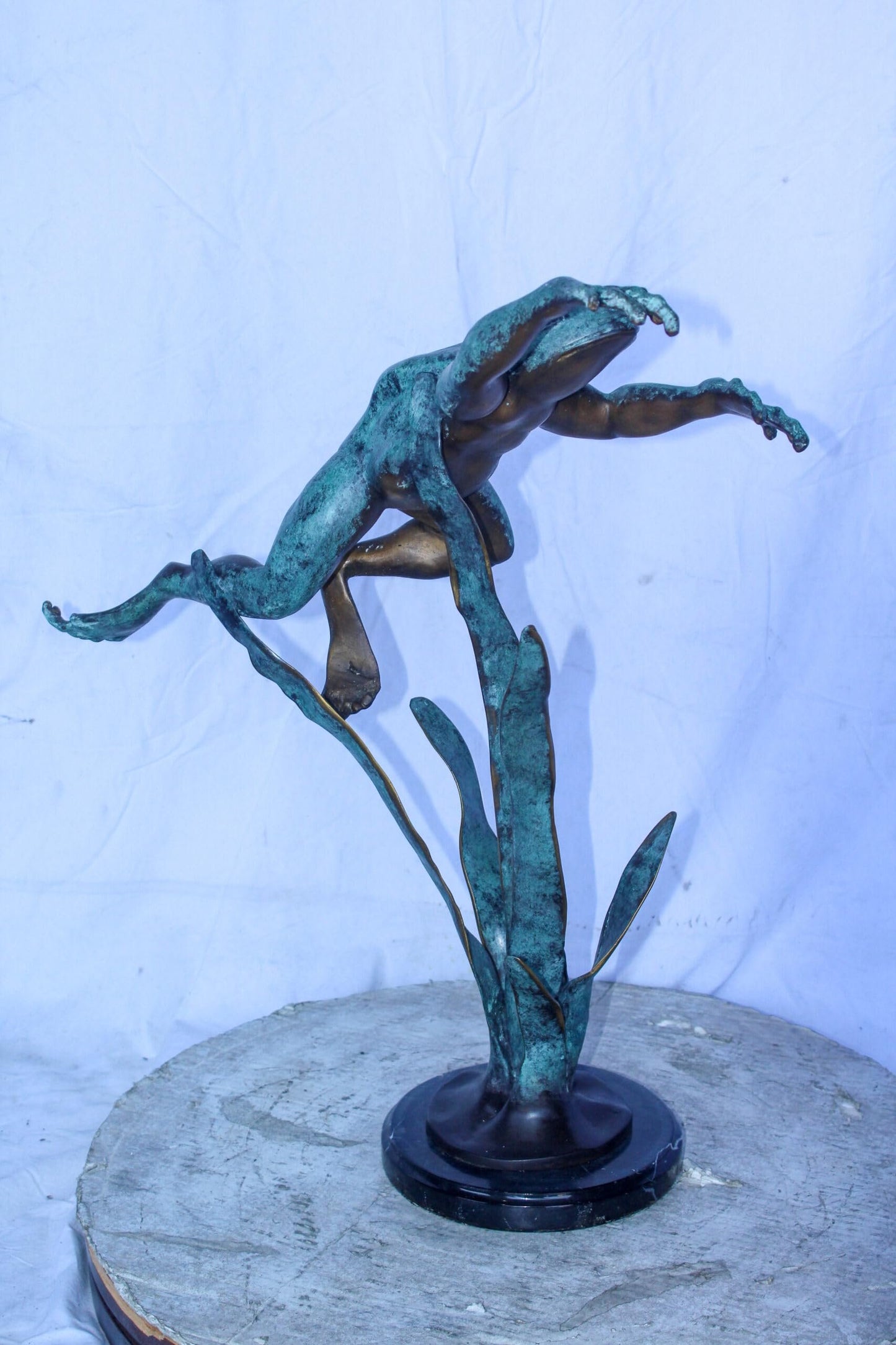 Frog Leaping Over Grass Bronze Statue 23" x 11" x 24"H