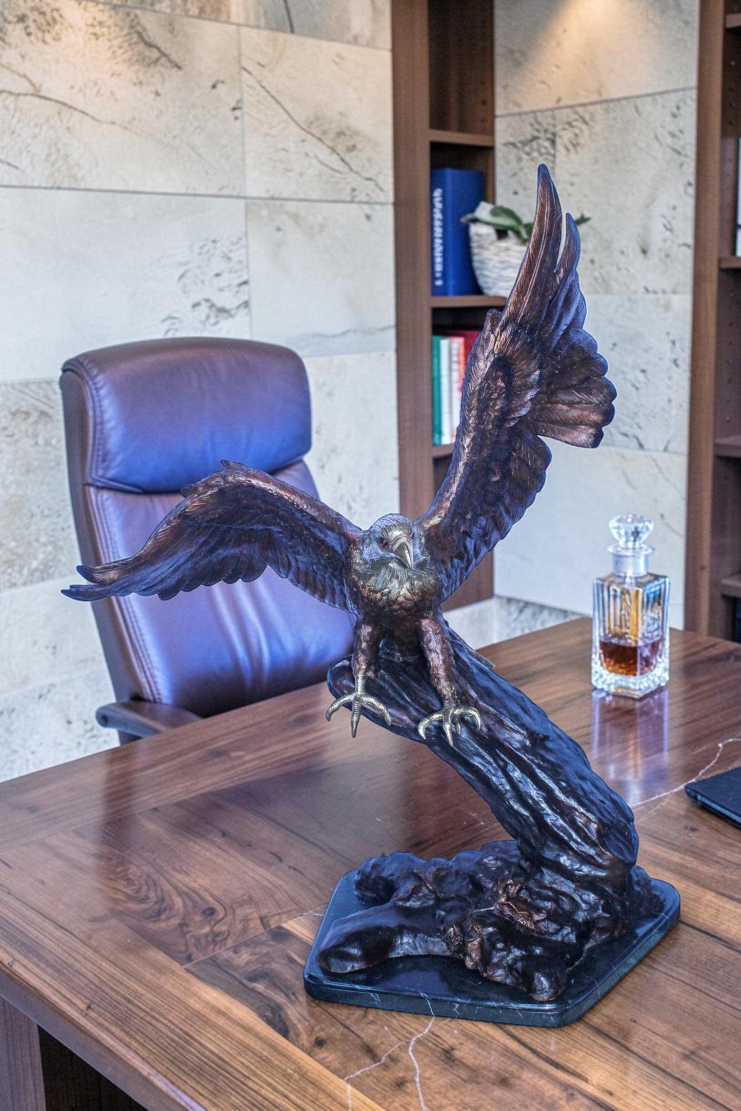 Large Eagle Coming to Landing Bronze Statue on Marble Base 37" x 19" x 46"H