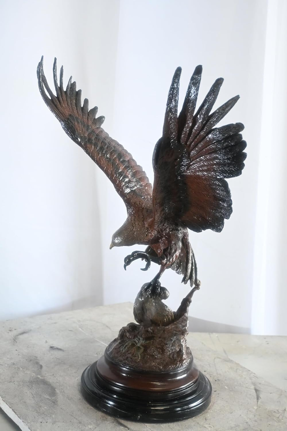 Bronze Eagle in Flight Sculpture Lost Wax Cast Marble Base 17"x11"x24"H