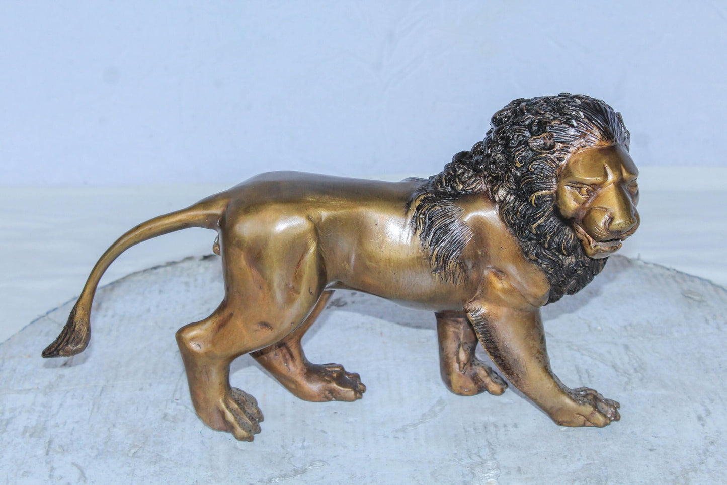 Small Bronze Lion Sculpture Walking Pose Animal Art 15" x 5" x 8"H