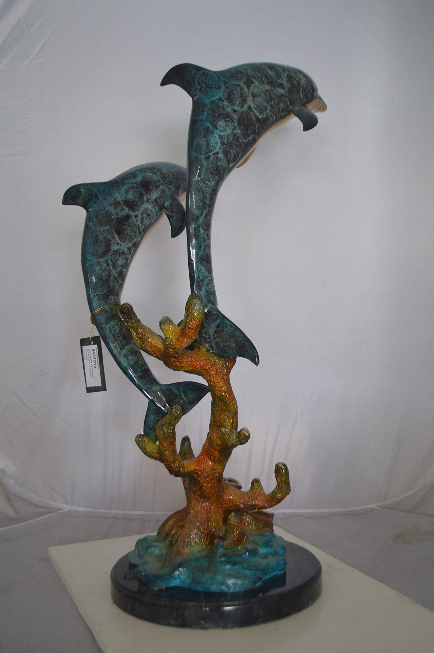 Two Dolphins fountain Bronze Statue on a marble -  Size: 19"L x 15"W x 36"H.