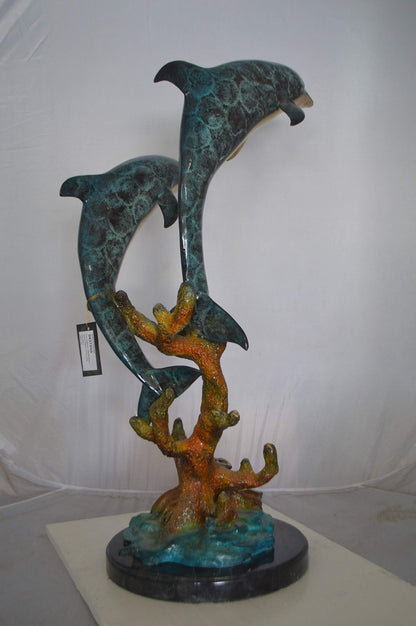Two Dolphins fountain Bronze Statue on a marble -  Size: 19"L x 15"W x 36"H.