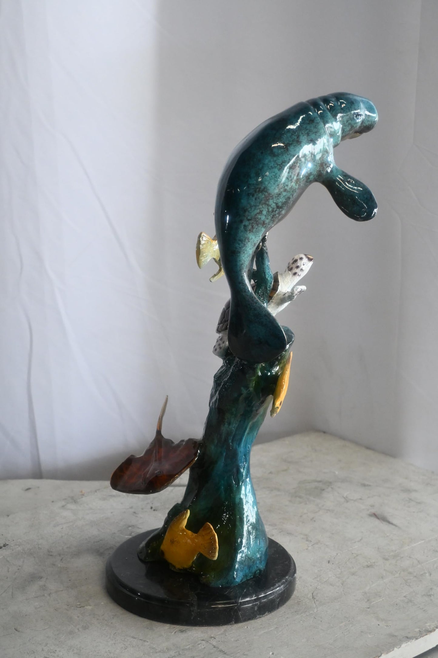 Manatee with Sea Turtle and Fish Bronze Sculpture 9"x9"x20"H