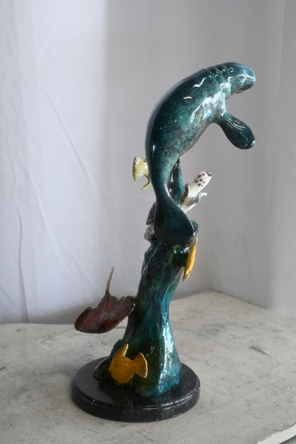 Manatee with Sea Turtle and Fish Bronze Sculpture 9"x9"x20"H