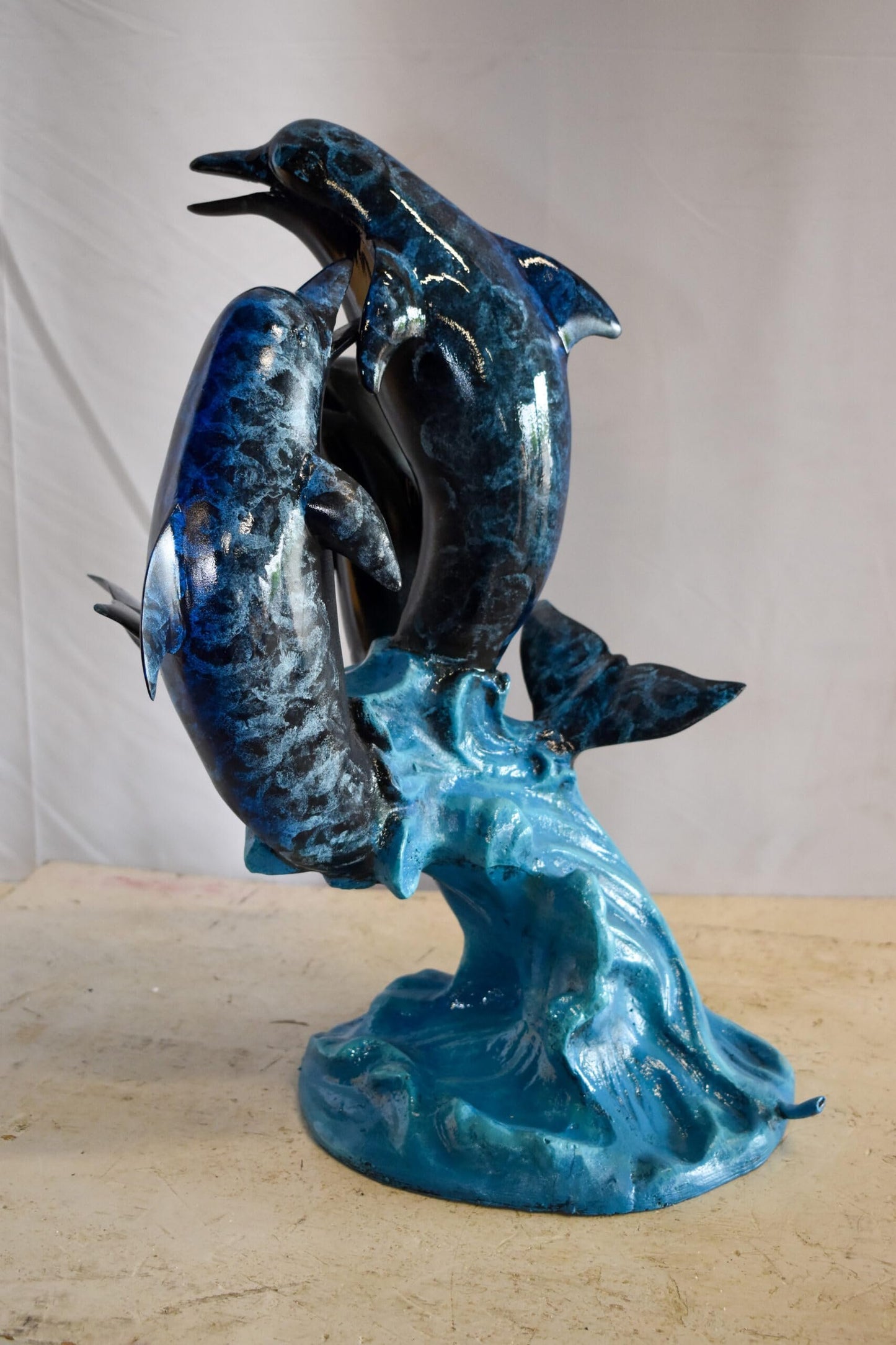 Pod of Dolphins Playfully On A Wave Resin Statue, Fountain 15" x 14" x 20"H