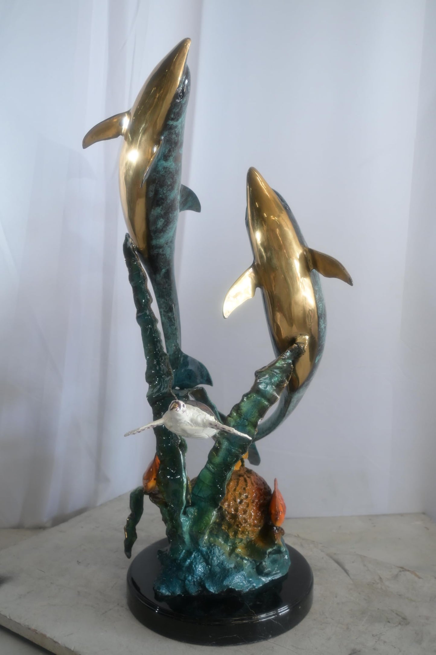 Large Bronze Dolphin Pair Ocean Scene Sculpture Marble Base 15"x18"x33"H
