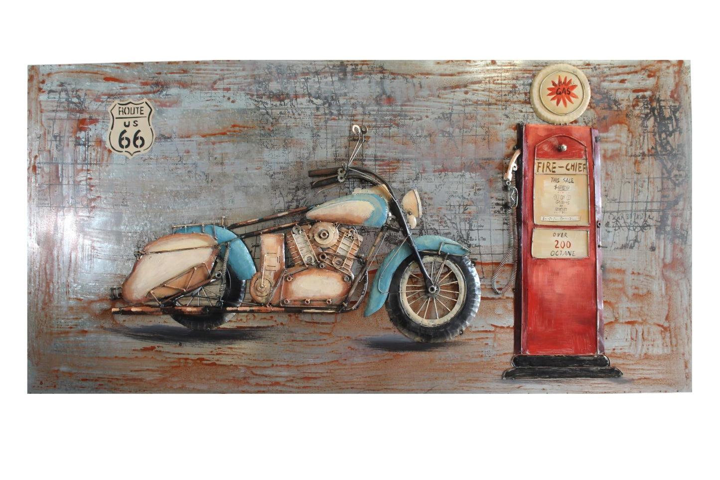 Vintage Motorcycle and Gas Pump Painting on Metal with 3D Effect 79" x 2" x 40"H