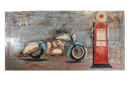Vintage Motorcycle and Gas Pump Painting on Metal with 3D Effect 79" x 2" x 40"H