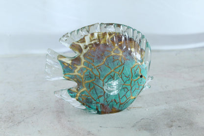 NIFAO Glass Reef Fish Figurine Teal Crackle Art Glass 8" x 3" x 6"H