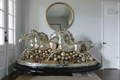 Charging horses resin statue on wood base - Size: 17"L x 10"W x 5"H.