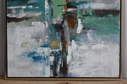 Mystery Abstract Canvas Painting Teal Gray Framed Art 41"x61"