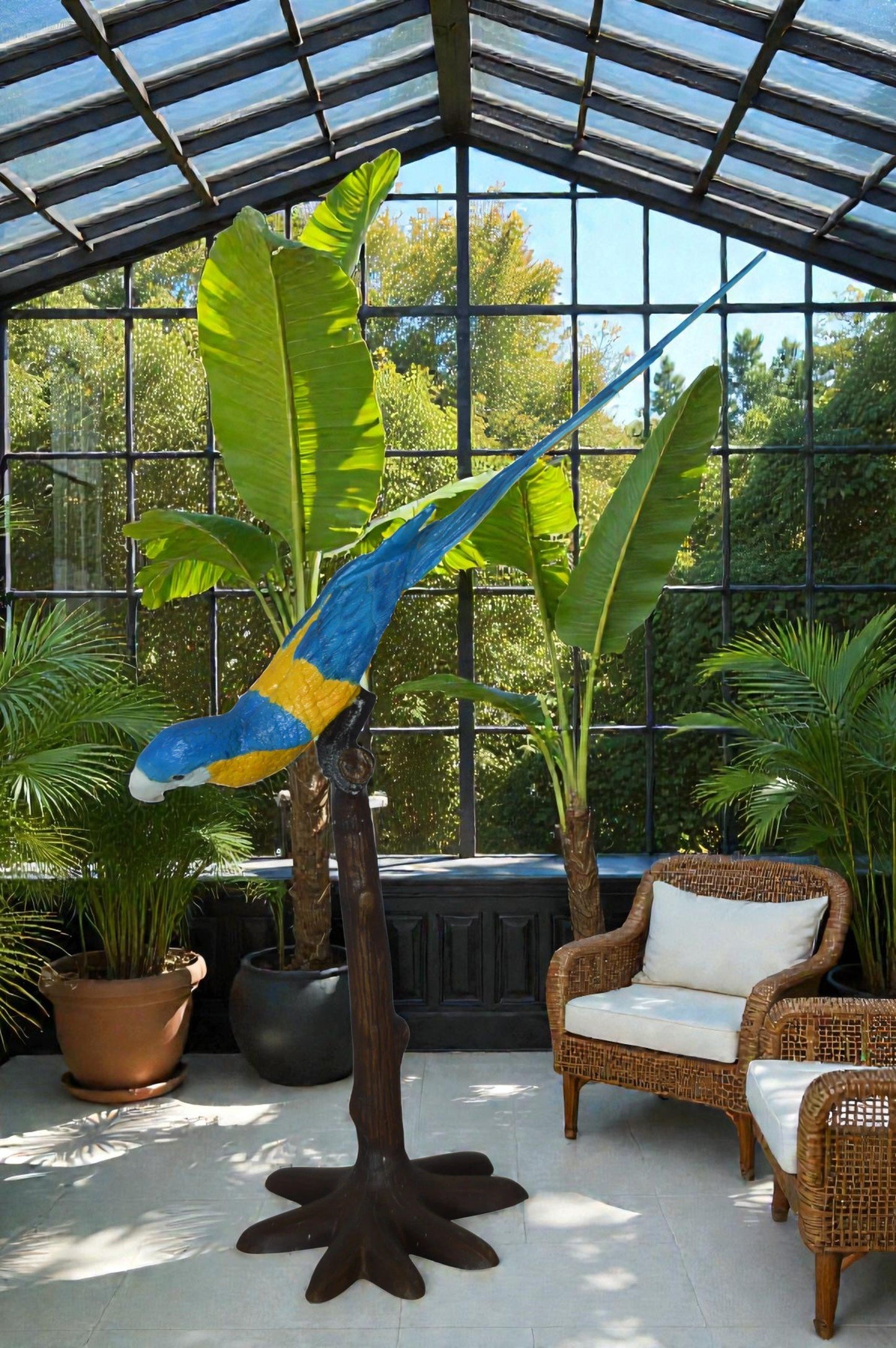 Parrot on Tree - Head Down Bronze Statue -  Size: 39"L x 15"W x 47"H.