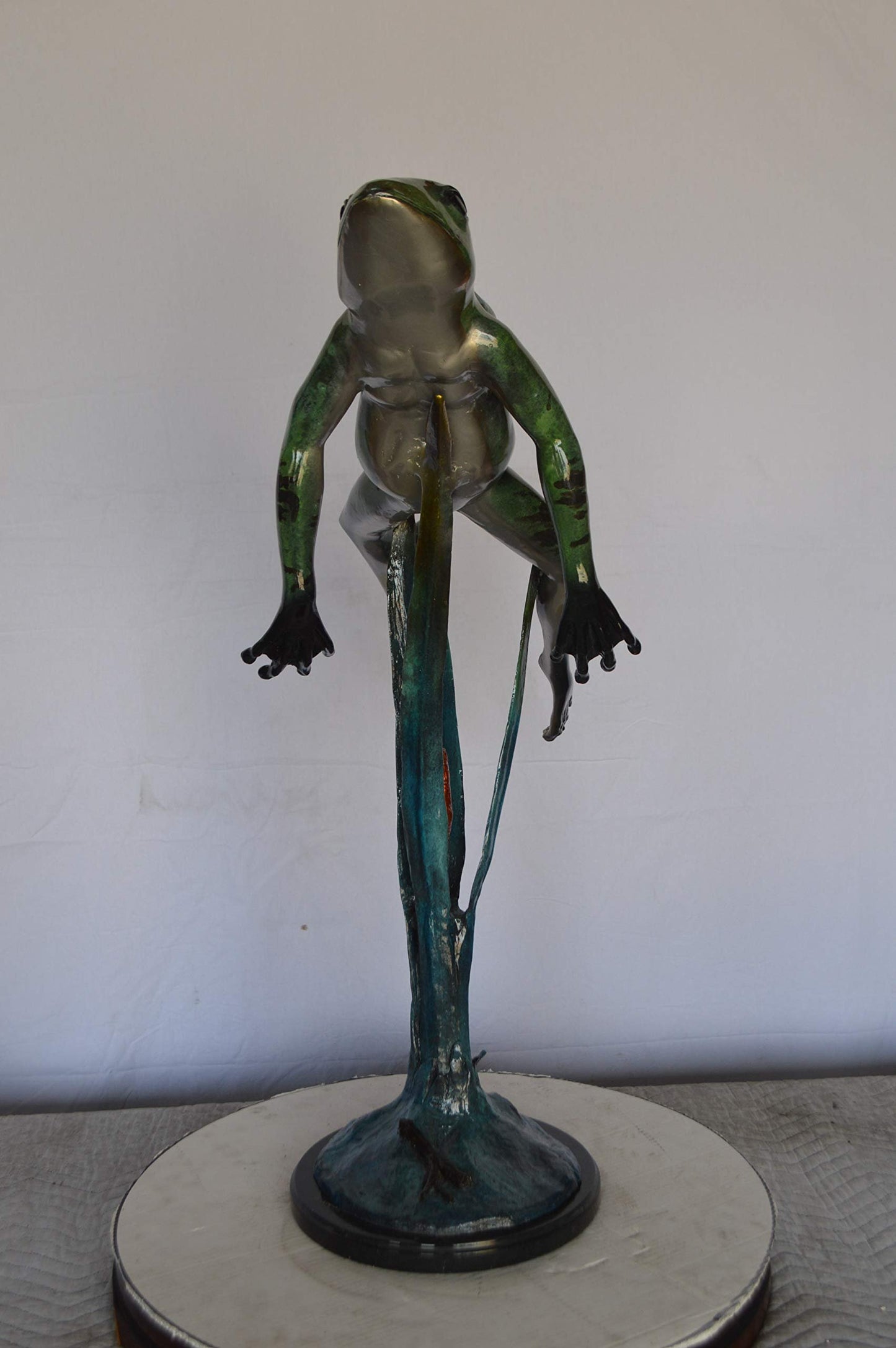 Large Frog Jumping Up Bronze Statue on a  Marble  -  Size: 30"L x 14"W x 34"H.