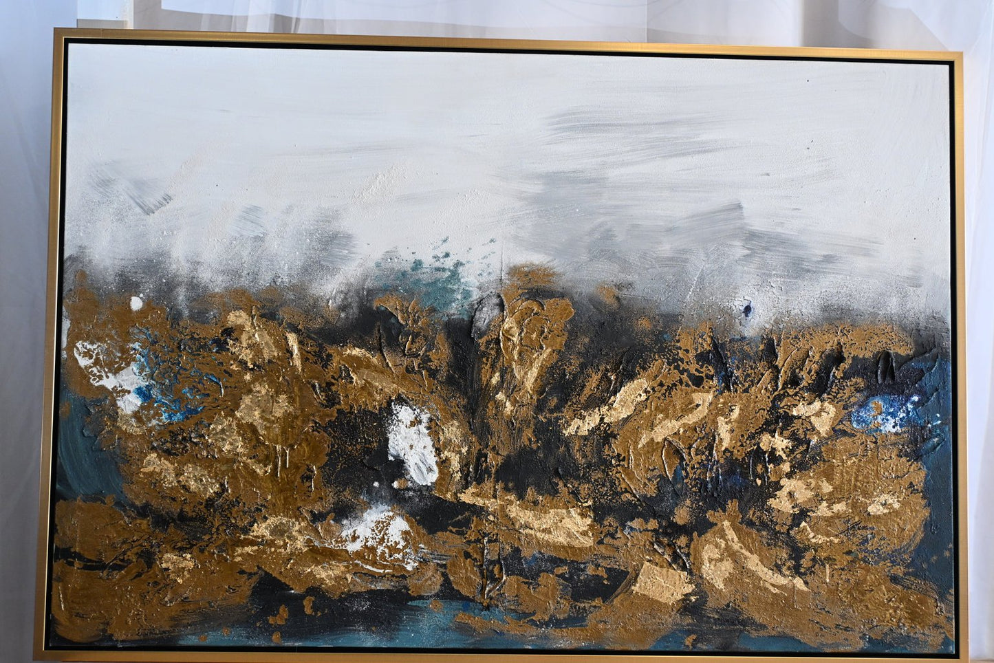 Steel Symphony Abstract Canvas Painting Gold Teal Framed 41"x61"