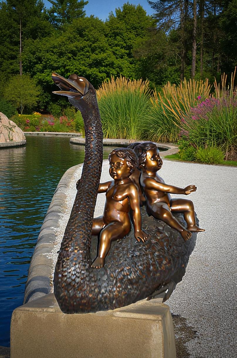 Swan Carrying Three Angels Bronze Fountain Art Nude - Size: 40"L x 23"W x 34"H.