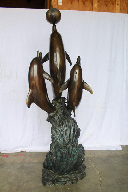Three Dolphins Performing with Beach Ball Giant Bronze Fountain 41" x 27" x 91"H