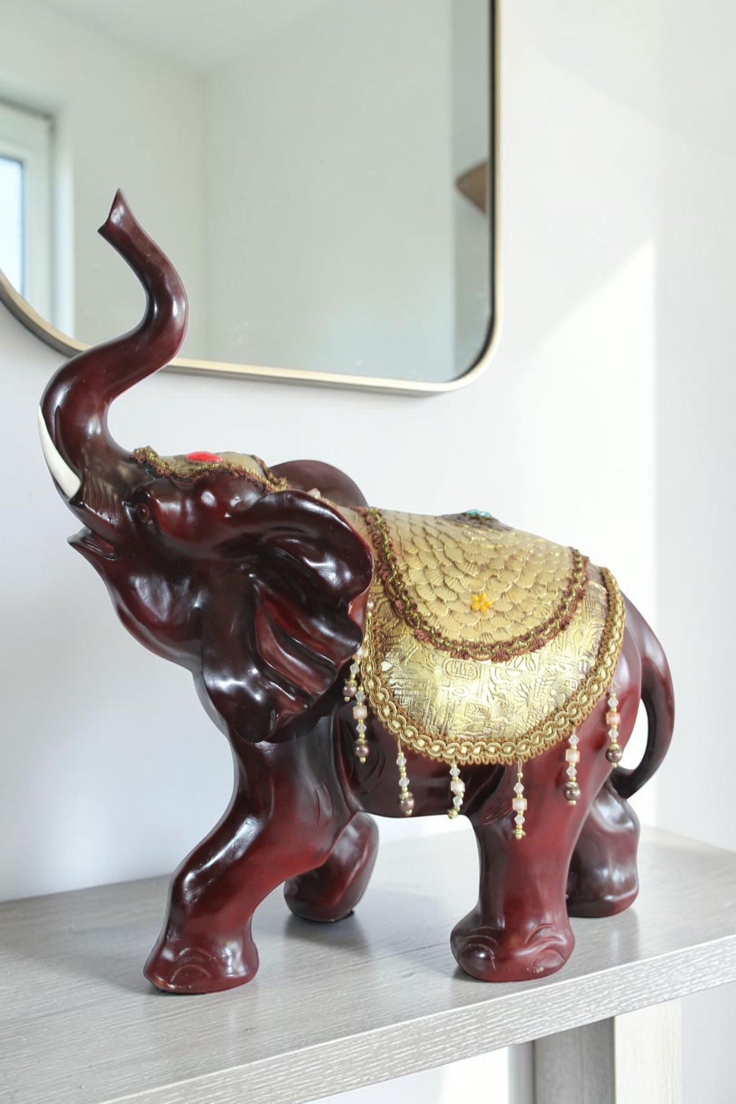 Nifao Resin Elephant Statue with Gold Saddle and Raised Trunk - Regal Lucky Elephant Home Decor - 19" x 10" x 22"H
