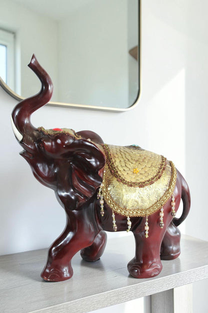 Nifao Resin Elephant Statue with Gold Saddle and Raised Trunk - Regal Lucky Elephant Home Decor - 19" x 10" x 22"H