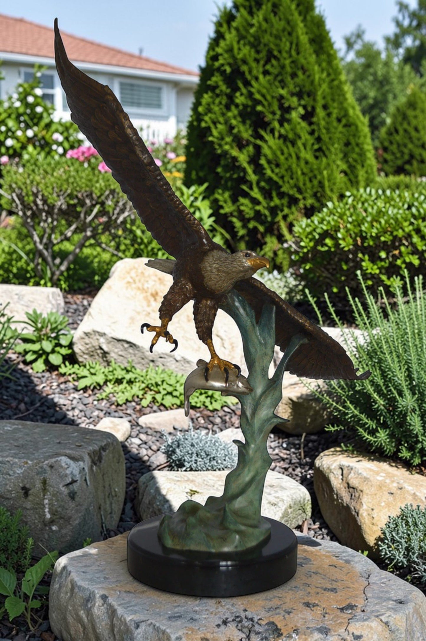 Eagle Flying With His Pray Bronze Statue -  Size: 32"L x 15"W x 33"H.