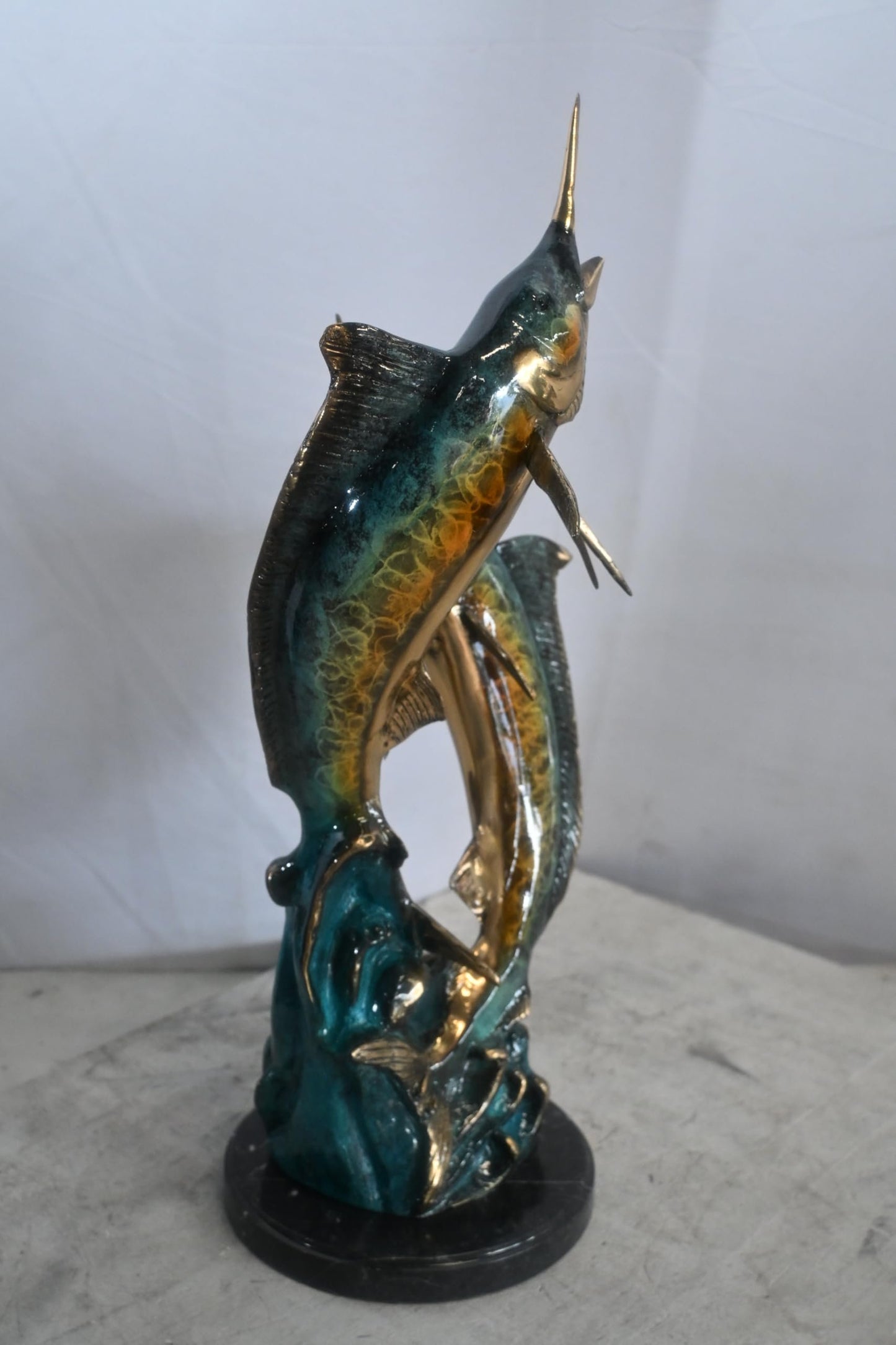 Two Marlin Bronze Sculpture Ocean Wave Game Fish 9"x9"x23"H