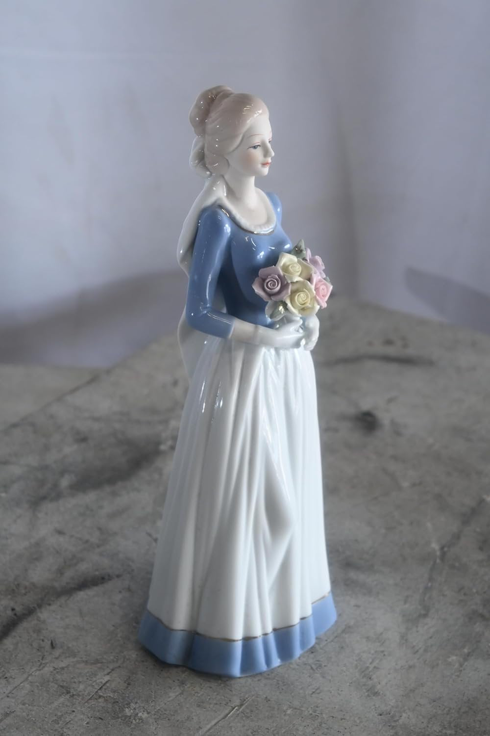 Porcelain Lady Blue Bodice White Skirt with Rose Bouquet 5"x4"x12"H