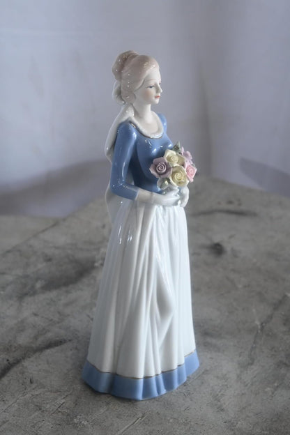 Porcelain Lady Blue Bodice White Skirt with Rose Bouquet 5"x4"x12"H