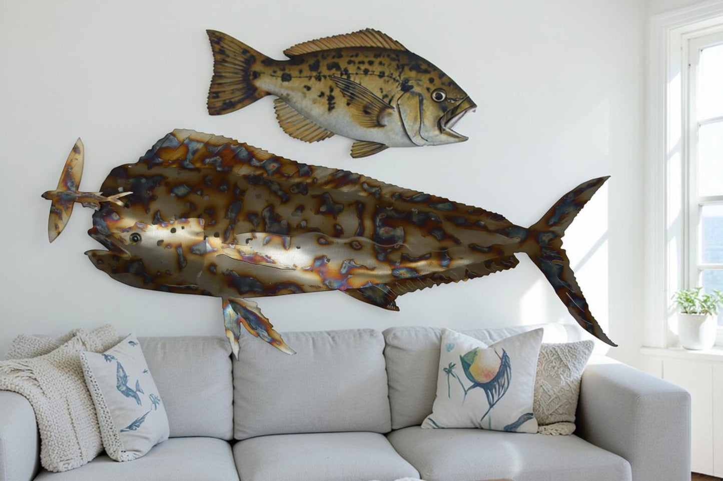 Mahi Mahi catching flying fish made of cut steel - Size: 39"L x 2"W x 12"H.