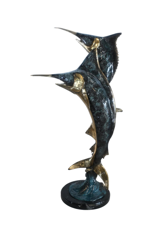 Two Marlin Swordfish Bronze Sculpture Vertical Leap 15"x6"x31"H