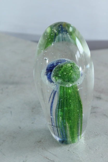 NIFAO Glass Jellyfish Paperweight Green Blue Art Glass Decor 3" x 3" x 8"H