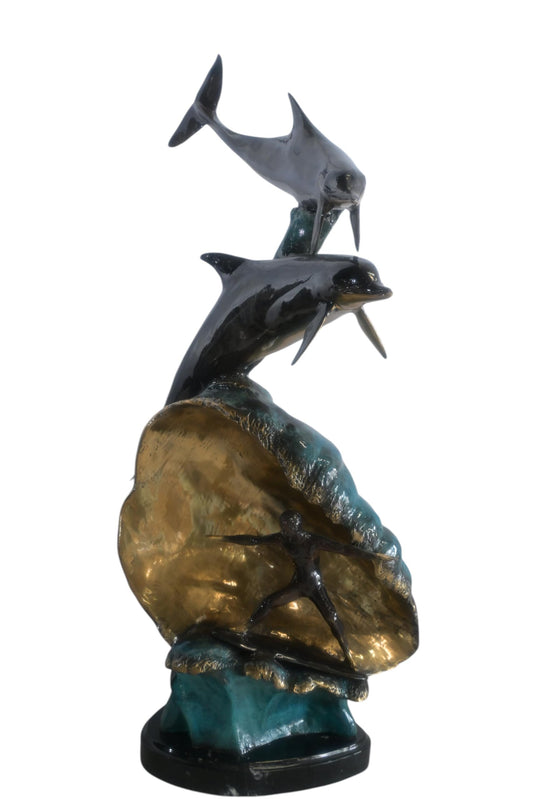 Bronze Dolphins and Surfer Sculpture on Wave Marble Base 16"x11"x33"H