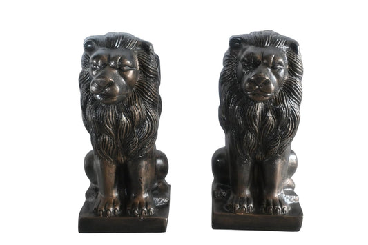 Pair of Aluminum Sitting Lion Statues Bronze Finish 19In 17"x12"x19"H