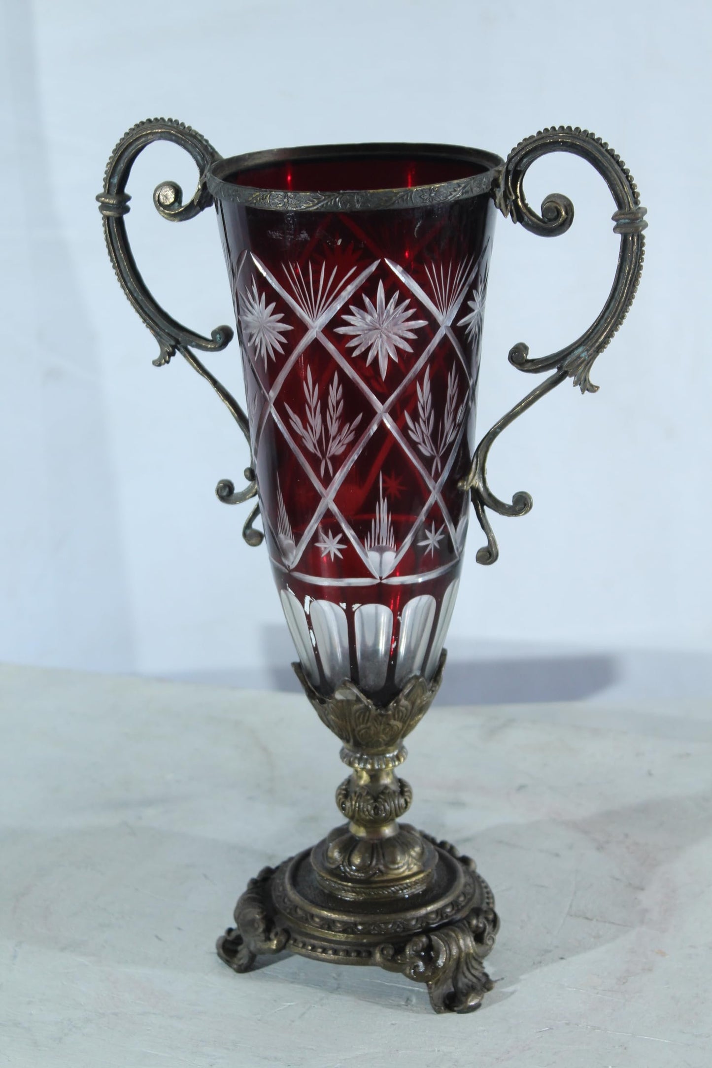 Ruby Red Cut Glass Trophy Vase with Metal Handles and Ornate Base 10"x6"x16"H